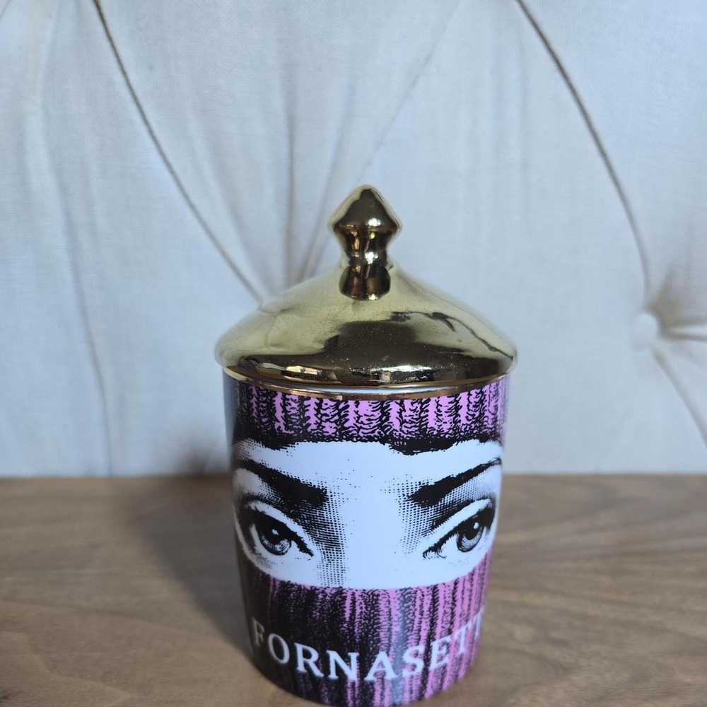 Fornasetti style face ceramic lidded jar pink & gold decorative canister